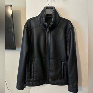 Calvin Klein Black Leather Bomber Jacket with Sherpa Collar